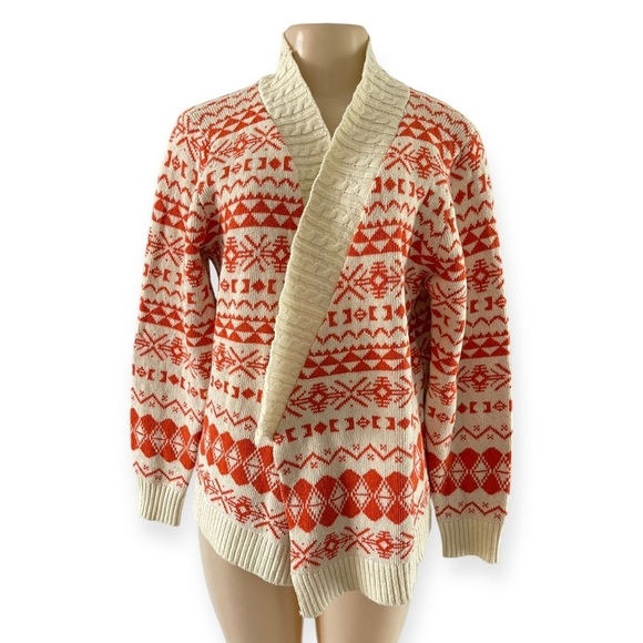 AZTEC PRINT LONG Open Knit Cardigan Sweater Southwest Orange Ivory Boho - Picture 2 of 10
